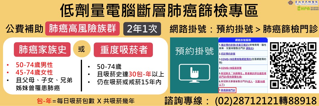 低劑量電腦斷層肺癌篩檢專區，公費補助肺癌高風險族群2年1次，肺癌家族史（50-74歲男性、45-74歲女性、且父母、子女、兄弟 姊妹曾罹患肺癌）或重度吸菸者（50-74歲、且吸菸史達30包-年以上、仍在吸菸或戒菸15年內），網路掛號:預約掛號>肺癌篩檢門診圖