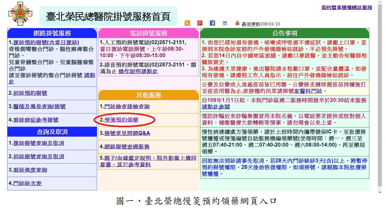 圖一、臺北榮總慢箋預約領藥網頁入口